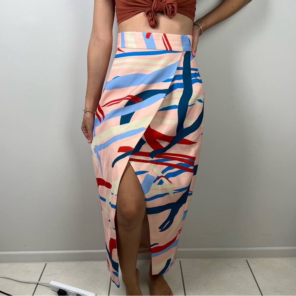 C/MEO Cameo Pencil Skirt Pink Multi Geometric Slit Maxi Long High Waist Size L - Picture 1 of 14